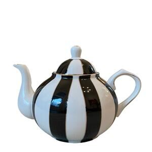 Grace Teaware Fine Porcelain Teapot Holiday Black White Gold Stripes New